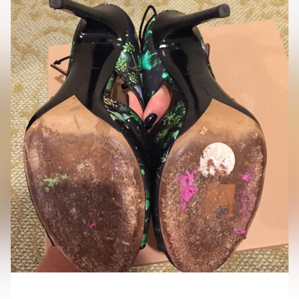 Tabitha Simmons Bailey Floral Printed Satin Sandals Green Ivy Print Black Box - Picture 8 of 8